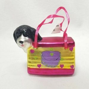 NEW Dog Puppy in Purse Xmas Ornament Blown Glass